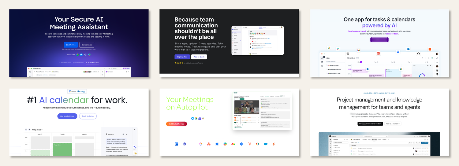 Six real B2B SaaS homepage heroes side by side with the brand names blurred out, all sharing the same layout: a big headline, a short subheadline, a button, and a product screenshot, several mentioning AI