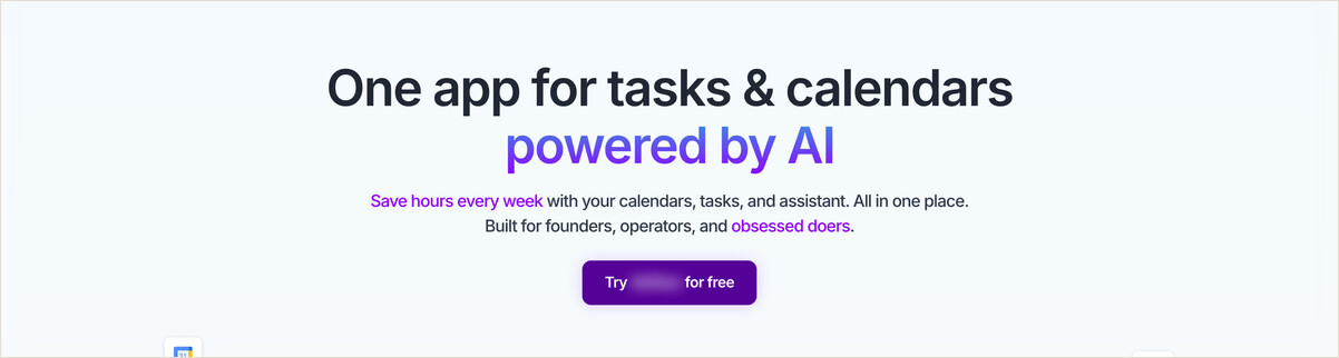 A SaaS homepage hero on a soft gradient background with the headline 'One app for tasks and calendars, powered by AI', a one-line subheadline, and a single call-to-action button