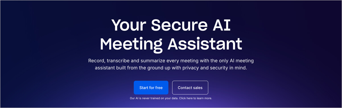 A dark purple SaaS homepage hero reading 'Your Secure AI Meeting Assistant' with a subheadline and two call-to-action buttons