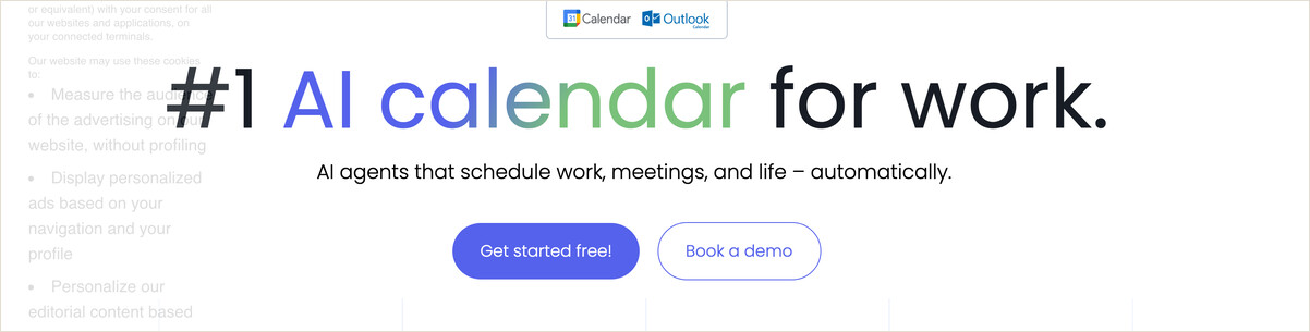 A SaaS homepage hero reading '#1 AI calendar for work' with the subheadline 'AI agents that schedule work, meetings, and life automatically' and two buttons