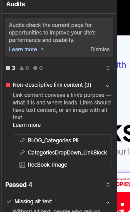 A screenshot of the non-descriptive link content error sample