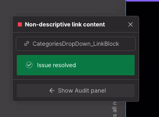 A screenshot of a non-descriptive link content error showing issue resolved